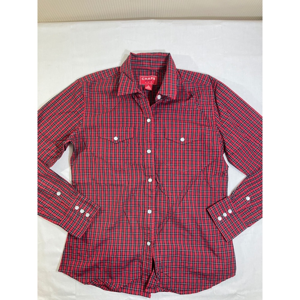 Chaps Denim Womens Small Red Plaid Western Pearl Snap Long Sleeve Cotton Shirt